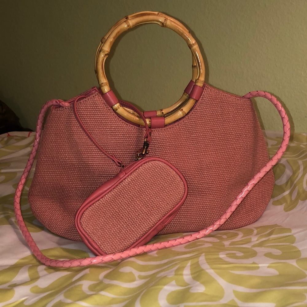Amanda Smith Pink Straw Shoulder Bag with Bamboo Handles